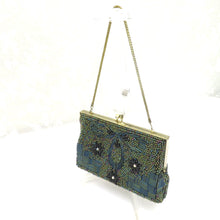 Load image into Gallery viewer, 和装バッグ ビーズバッグ グリーン系・黒花 オーロラカラー ハンドバッグ パーティーバッグ レトロ 着物バッグ 洋装 和小物