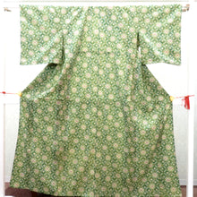 Load image into Gallery viewer, ウール着物 単衣 緑 クリーム 白 水色 紫 亀甲 花 バチ衿 カジュアルきもの 普段着物 ウールきもの 仕立て上がり 和洋ミックス 身丈154.2cm