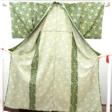 Load image into Gallery viewer, ウール着物 単衣 緑 クリーム 白 水色 紫 亀甲 花 バチ衿 カジュアルきもの 普段着物 ウールきもの 仕立て上がり 和洋ミックス 身丈154.2cm