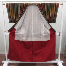 画像をギャラリービューアに読み込む, 紬 着物 袷 ブラウン×多色 縞柄 バチ衿 正絹 カジュアル 仕立て上がり着物 ストライプ 身丈157cm