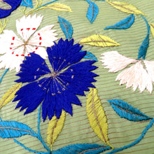 Load image into Gallery viewer, 名古屋帯 絽 アンティーク帯 昔名古屋帯 絹 黄緑×多色×金コマ銀コマ 花の丸 刺繍 夏物 昔帯 レトロモダン 明治・大正ロマン 糸留めあり 長さ346.5cm