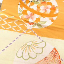 画像をギャラリービューアに読み込む, 名古屋帯 アンティーク帯 昔名古屋帯 絹 薄黄ｘオレンジ 鈴文様 金コマ銀コマ刺繍 昔帯 レトロモダン 明治・大正ロマン 長さ375cm
