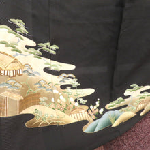 画像をギャラリービューアに読み込む, 黒留袖 アンティーク 昔着物 絽 夏物 黒×多色 風景 金刺繍 正絹 フォーマル レトロ 明治・大正ロマン ディスプレイ リメイク 身丈169cm