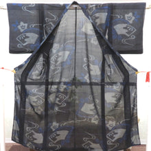 画像をギャラリービューアに読み込む, 夏着物 昔 夏物 アンティーク 濃紺×グレー 青 地紙文 桔梗 流水 昔着物 バチ衿 正絹 昔きもの レトロ 明治・大正ロマン サイズ小さめ 身丈145.7cm
