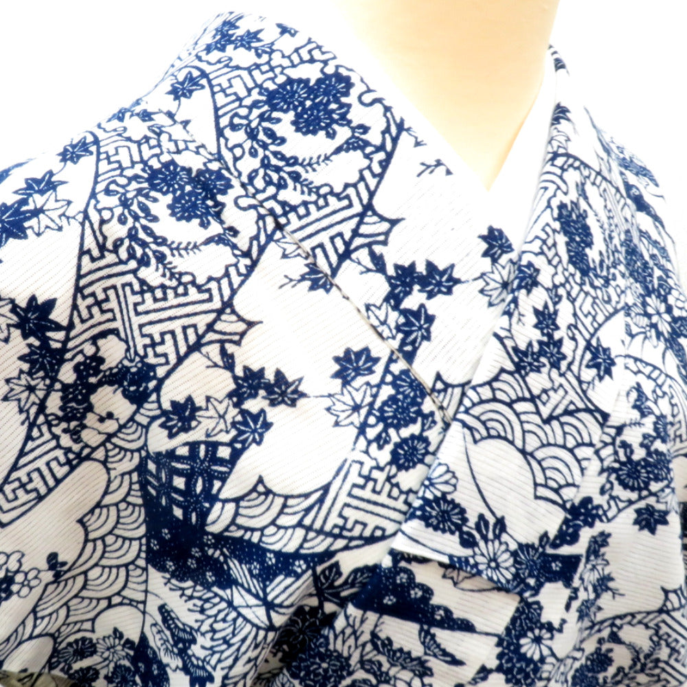 浴衣 綿絽 広衿 白×紺 扇面に花々文様 夏物 仕立て上がり レディース