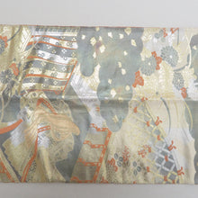 Load image into Gallery viewer, 袋帯 金糸 灰色ｘ金色ｘ銀色 平安文様 二重箔織 六通柄 正絹 フォーマル向け 着物帯 長さ424cm