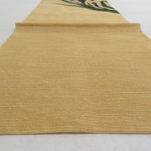 画像をギャラリービューアに読み込む, 名古屋帯 夏用帯 夏名古屋帯 紗 正絹 薄茶色ｘ緑色ｘ紫色 菖蒲文様 お太鼓柄 カジュアル 長さ358cm