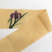 画像をギャラリービューアに読み込む, 名古屋帯 夏用帯 夏名古屋帯 紗 正絹 薄茶色ｘ緑色ｘ紫色 菖蒲文様 お太鼓柄 カジュアル 長さ358cm