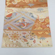 Load image into Gallery viewer, 袋帯 金色ｘオレンジ色ｘ多色 金糸 扇子文様 扇面取能衣文 六通柄 正絹 フォーマル向け 着物帯 長さ440cm
