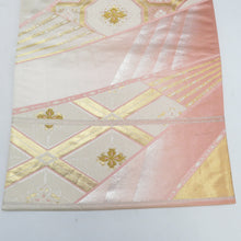 Load image into Gallery viewer, 袋帯 金色ｘピンク色 金糸銀糸 亀甲に花菱文様 六通柄 正絹 フォーマル向け 着物帯 長さ440cm