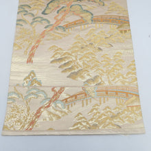 Load image into Gallery viewer, 袋帯 金糸 金色ｘ緑色ｘオレンジ色 天橋立柄 風景文様 純金箔 六通柄 正絹 フォーマル向け 着物帯 長さ440cm