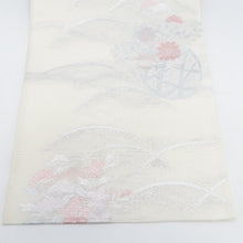 Load image into Gallery viewer, 袋帯 夏用 袋帯 絽 六通柄 銀糸 白色ｘピンク色ｘ銀色 花籠文様 正絹 仕立て上がり 夏物 長さ448cm