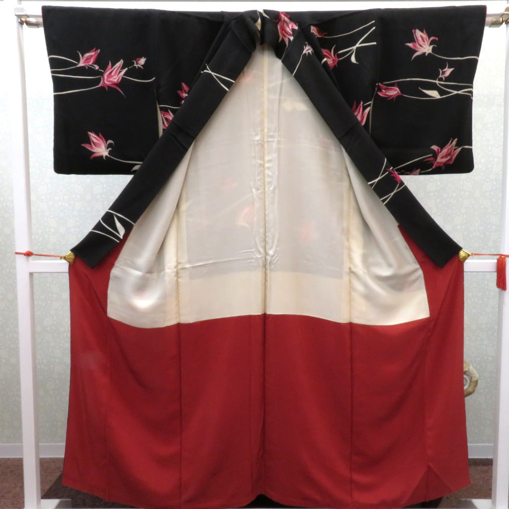 小紋 昔 アンティーク 昔着物 黒×ピンク白 花 広衿 正絹 昔きもの 