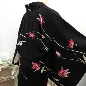 小紋 昔 アンティーク 昔着物 黒×ピンク白 花 広衿 正絹 昔きもの 