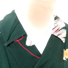 Load image into Gallery viewer, 小紋 昔 アンティーク 昔着物 濃緑×白赤カラシ金 筆書き調 バチ衿 正絹 昔きもの レトロ 明治・大正ロマン カジュアル 和洋ミックス 小さめ 身丈144.5cm