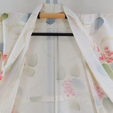 Load image into Gallery viewer, 夏着物 単衣 絽 正絹 夏用 小紋 アジサイ模様 薄黄色ｘ黄緑色ｘ青色 広衿 仕立て上がり 身丈157cm