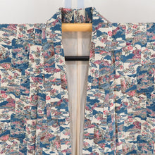 Load image into Gallery viewer, 小紋 袷 ベージュ色ｘ青色ｘ多色 平安風景模様 正絹 型染め バチ衿 仕立て上がり着物 カジュアル 身丈160cm