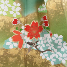 Load image into Gallery viewer, 振袖 ポリエステル 緑色ｘ金色ｘ多色 桜文様 広衿 成人式 仕立て上がり 身丈159cm