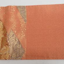 画像をギャラリービューアに読み込む, 袋帯 金糸 金色ｘオレンジ色ｘ多色 カラフル 切嵌文様 六通柄 正絹 フォーマル向け 着物帯 長さ440cm