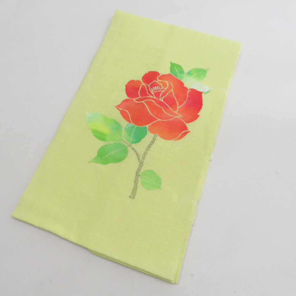 名古屋帯 夏用帯 夏名古屋帯 黄緑xオレンジ色 薔薇文様 お太鼓柄 正絹