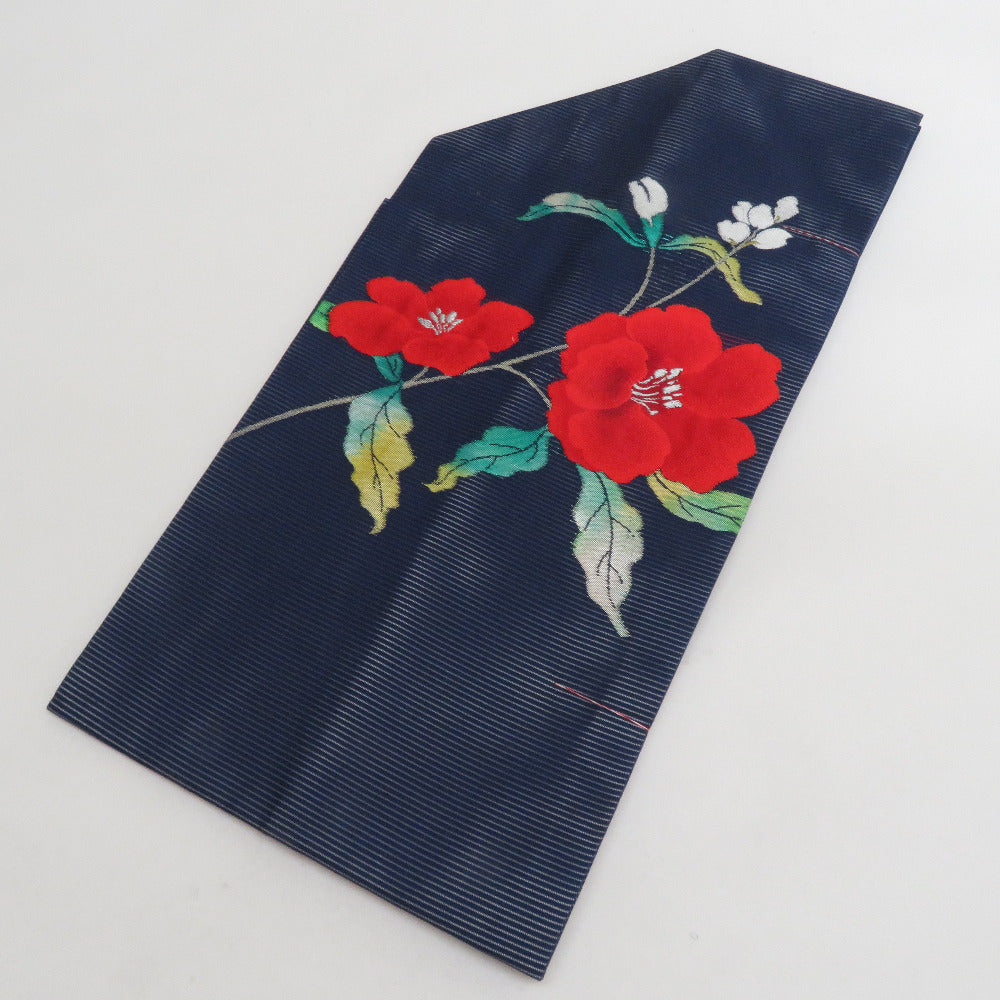 名古屋帯 夏用帯 夏名古屋帯 絽 絹 紺色x赤色x緑色 花文様 お太鼓柄