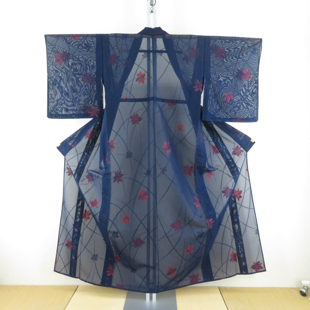 夏着物 単衣 紗 バチ衿 蘭模様 紺色x朱色 夏用 カジュアル 仕立て 