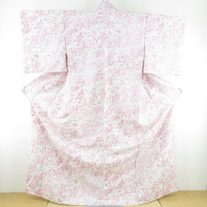小紋 コスモス柄 洗える着物 ポリエステル 白ベージュ色 袷 広衿 仕立て上がり 身丈160cm 美品