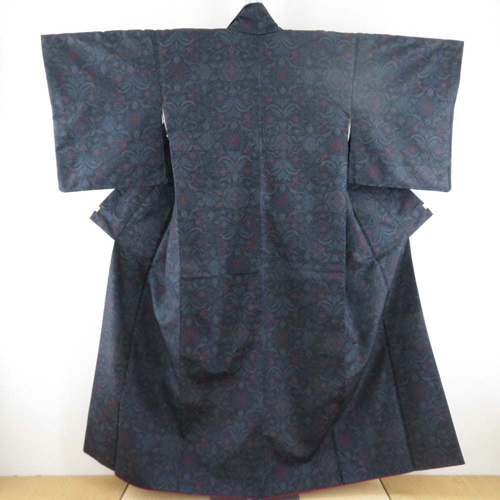 紬 着物 花唐草文様 袷 広衿 黒色 正絹 カジュアル着物 仕立て上がり 身丈154cm