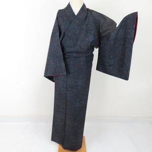 紬 着物 花唐草文様 袷 広衿 黒色 正絹 カジュアル着物 仕立て上がり 身丈154cm