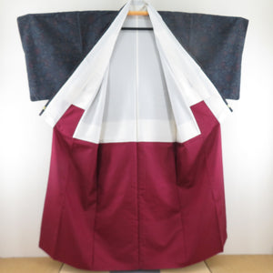 紬 着物 花唐草文様 袷 広衿 黒色 正絹 カジュアル着物 仕立て上がり 身丈154cm