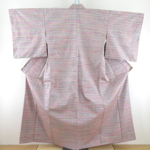 紬 着物 絹・ウール混 袷 多色 横縞文様 織り柄 バチ衿 カジュアルきもの 仕立て上がり 身丈154cm 美品