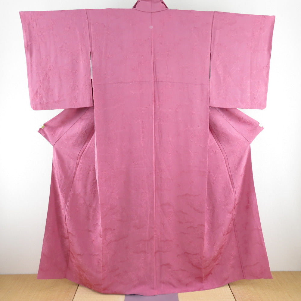 色無地 笹竹地紋 袷 広衿 紫色 正絹 五三桐紋 一つ紋 フォーマル 仕立て上がり着物 身丈160cm 美品