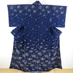 小紋 方形散らし 正絹 紺色 袷 広衿 カジュアル 仕立て上がり着物 付下げ柄 身丈152cm 美品