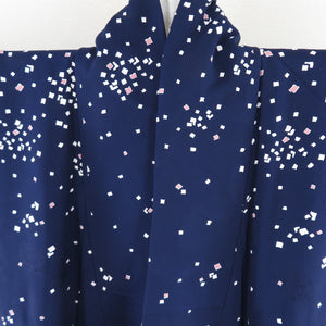 小紋 方形散らし 正絹 紺色 袷 広衿 カジュアル 仕立て上がり着物 付下げ柄 身丈152cm 美品