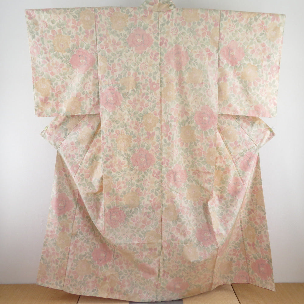 Tsumugi Kimono peony pattern woven pattern Lined wide collar beige color pure silk casual kimono tailoring