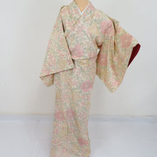 Load image into Gallery viewer, Tsumugi kimono peony pattern weaving pattern Lined -collar beige color pure silk casual kimono tailor