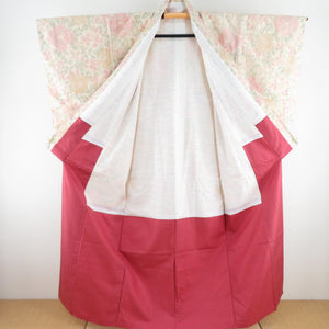 紬 着物 牡丹模様 織り文様 袷 広衿 ベージュ色 正絹 カジュアル着物 仕立て上がり 身丈156cm 美品