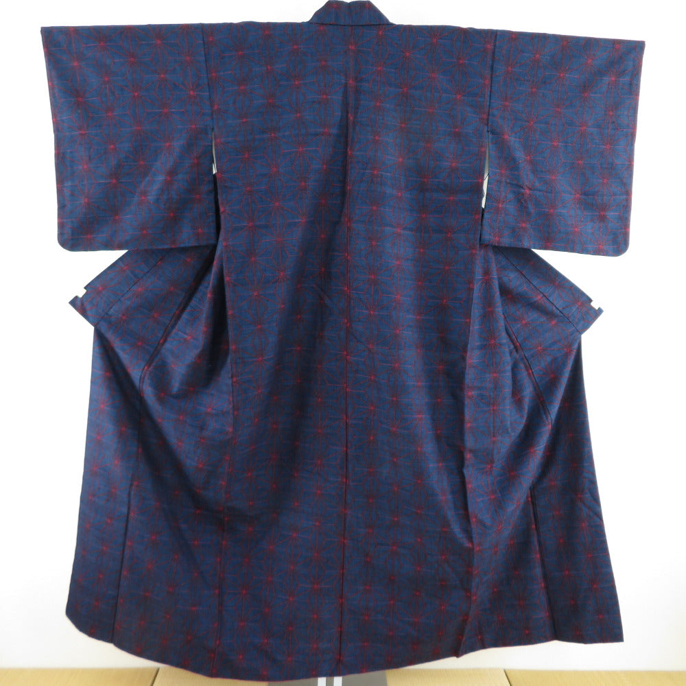 紬 着物 麻の葉模様 織り文様 袷 バチ衿 紺色 正絹 カジュアル着物