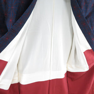 紬 着物 麻の葉模様 織り文様 袷 バチ衿 紺色 正絹 カジュアル着物 仕立て上がり 身丈150cm