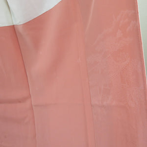 色無地 平安風景地紋 袷 広衿 薄桃色 正絹 五三桐紋 一つ紋 フォーマル 仕立て上がり着物 身丈167cm 美品