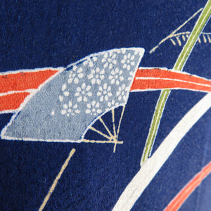 小紋 扇子に芝草 正絹 青色 袷 広衿 カジュアル 仕立て上がり着物 付下げ柄 身丈155cm 美品