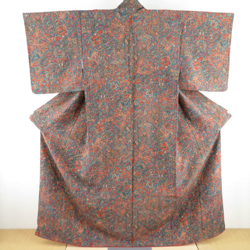 Komon Crepe Saisa Pure Silk Blue Brown Lined Wide Contact Casual Tailorable Kimono Surrounded Pattern Height 161cm Beauty