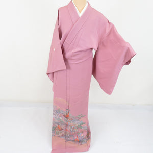色留袖 寿光織 江戸町風景 正絹 五三桐紋 三つ紋 紫色 袷 広衿 礼装 フォーマル 仕立て上がり 身丈160cm 美品