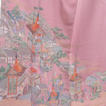画像をギャラリービューアに読み込む, 色留袖 寿光織 江戸町風景 正絹 五三桐紋 三つ紋 紫色 袷 広衿 礼装 フォーマル 仕立て上がり 身丈160cm 美品