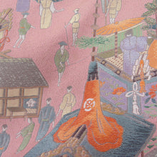 画像をギャラリービューアに読み込む, 色留袖 寿光織 江戸町風景 正絹 五三桐紋 三つ紋 紫色 袷 広衿 礼装 フォーマル 仕立て上がり 身丈160cm 美品