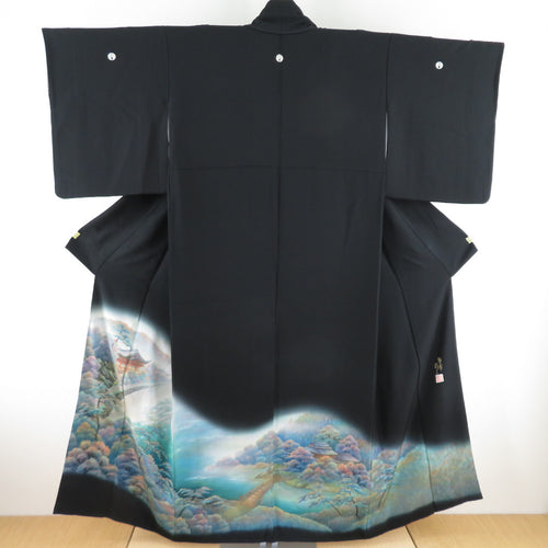 Black -sleeved building landscape writer writer writer Slimp pure silk ratio wings hugging myoga crest lined collar dressing kimono formal tailoring height 153cm