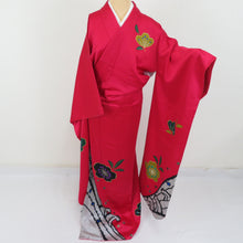 Load image into Gallery viewer, Kimono aperture waves cherry blossom pure silk pure silk lined collar wide collar red adult ceremony graduation ceremony formal tailoring kimono 159cm beautiful goods