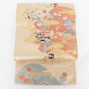 Back Obi Zonowai Landscape Written Gold beige Six -Wall Pattern Pure Silk Formal Kimono Winrings 425cm