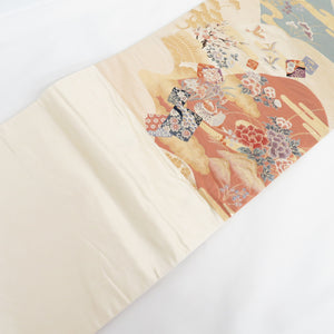 袋帯 山波風景文様 金ベージュ色 六通柄 正絹 フォーマル 仕立て上がり 着物帯 長さ425cm