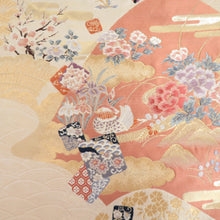 Load image into Gallery viewer, Back Obi Shanami Landscape Written Gold beige Six -Wall Pattern Pure Silk Fomal Tailoring Kimono Ward Length 425cm